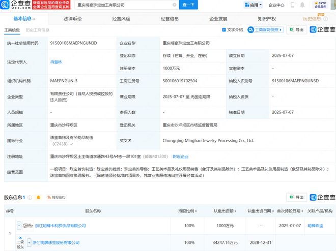 明牌珠寶投資成立珠寶加工公司，深化工藝美術品及禮儀用品制造布局